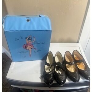 Vintage Kids Black Patent Leather Tap Shoes with‎ Taps Dance Footwear case